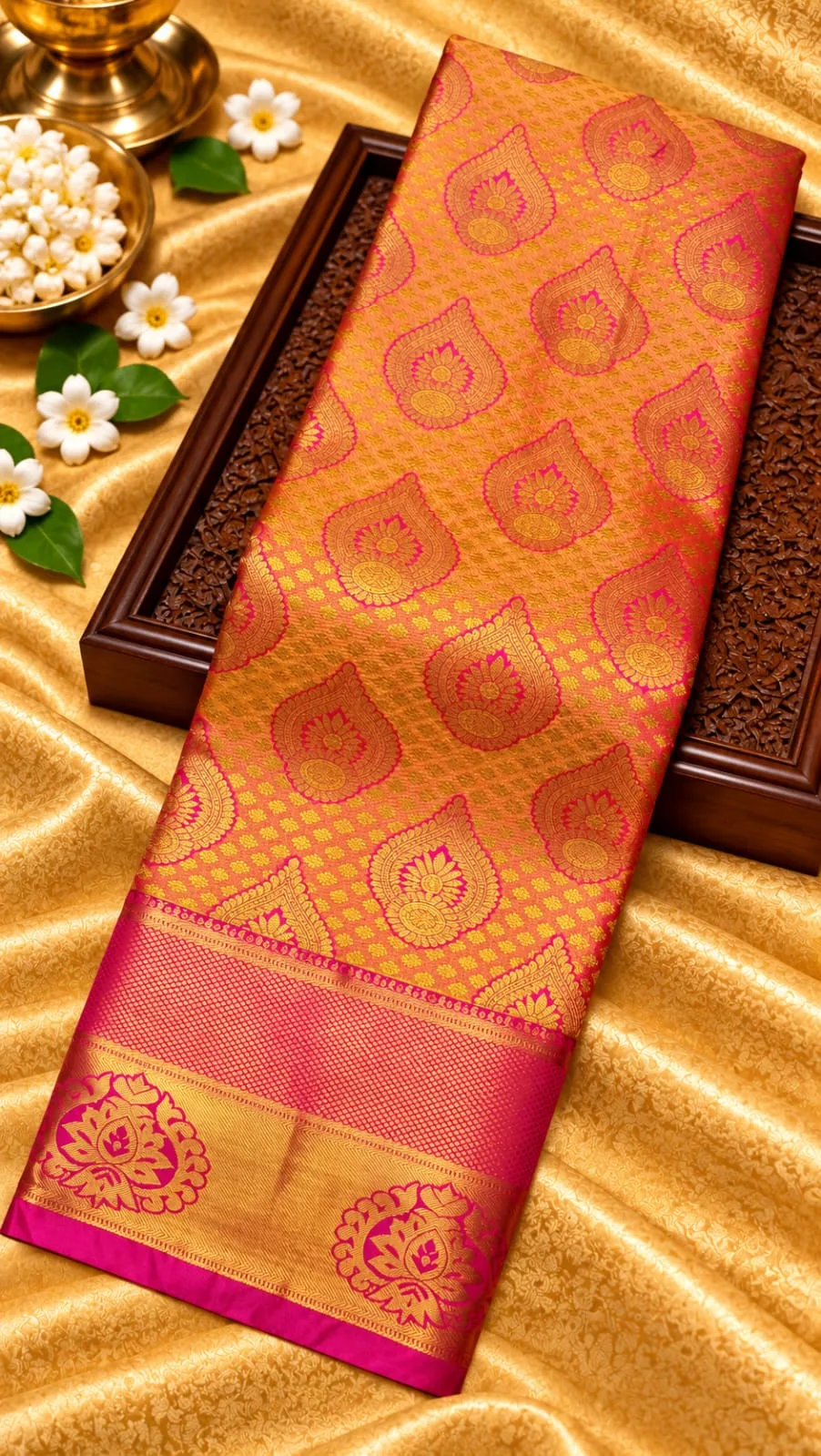 Orange Gold Mango Buttas Semi Kanchipuram Silk Saree